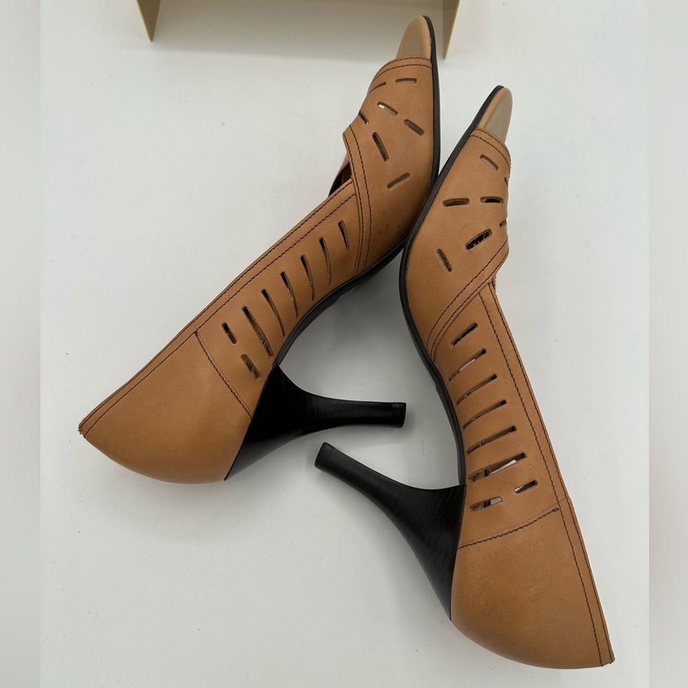 FRANCO SARTO Tan Cutout Leather Peep Toe Heels | Size 10 - Picture 6 of 11